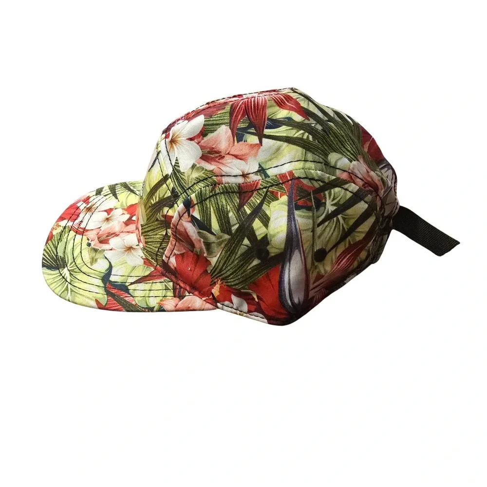 ESC Tropical Floral 5 Panel Camper Hat Red Green White Adjustable Strapback‎ Cap